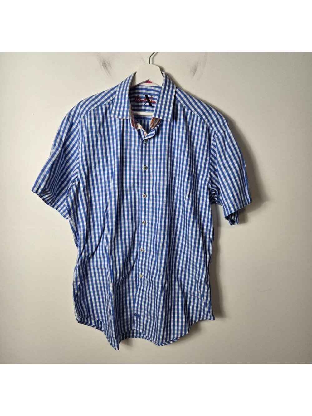 Robert Graham Size XL Blue Gingham Check Print Short Sleeve Button-Up Shirt